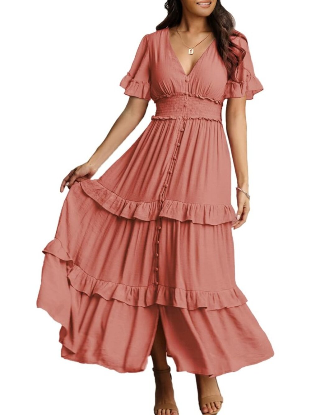 Boho V Neck Long Sleeve Maxi Dress - Flowy Fall Wedding Guest & Engagement Dress